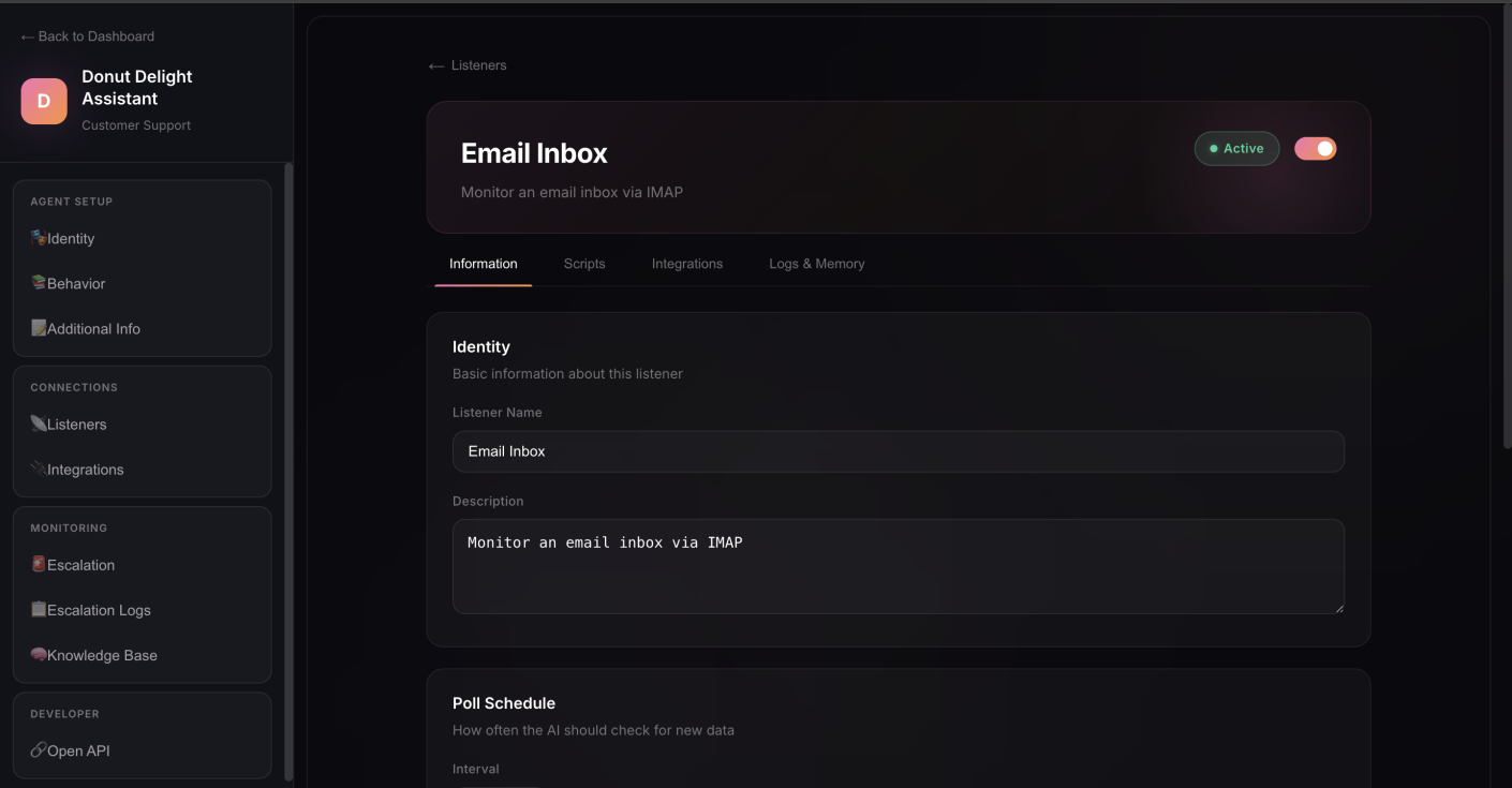 Aegent Agent Builder — Email Inbox Listener